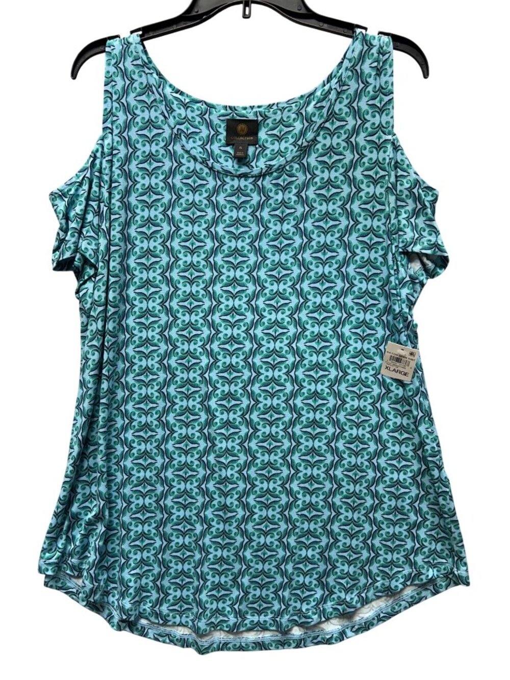JM Collection Womens XL Blue & Green Cold Shoulder Top  Geometric Print Rayon